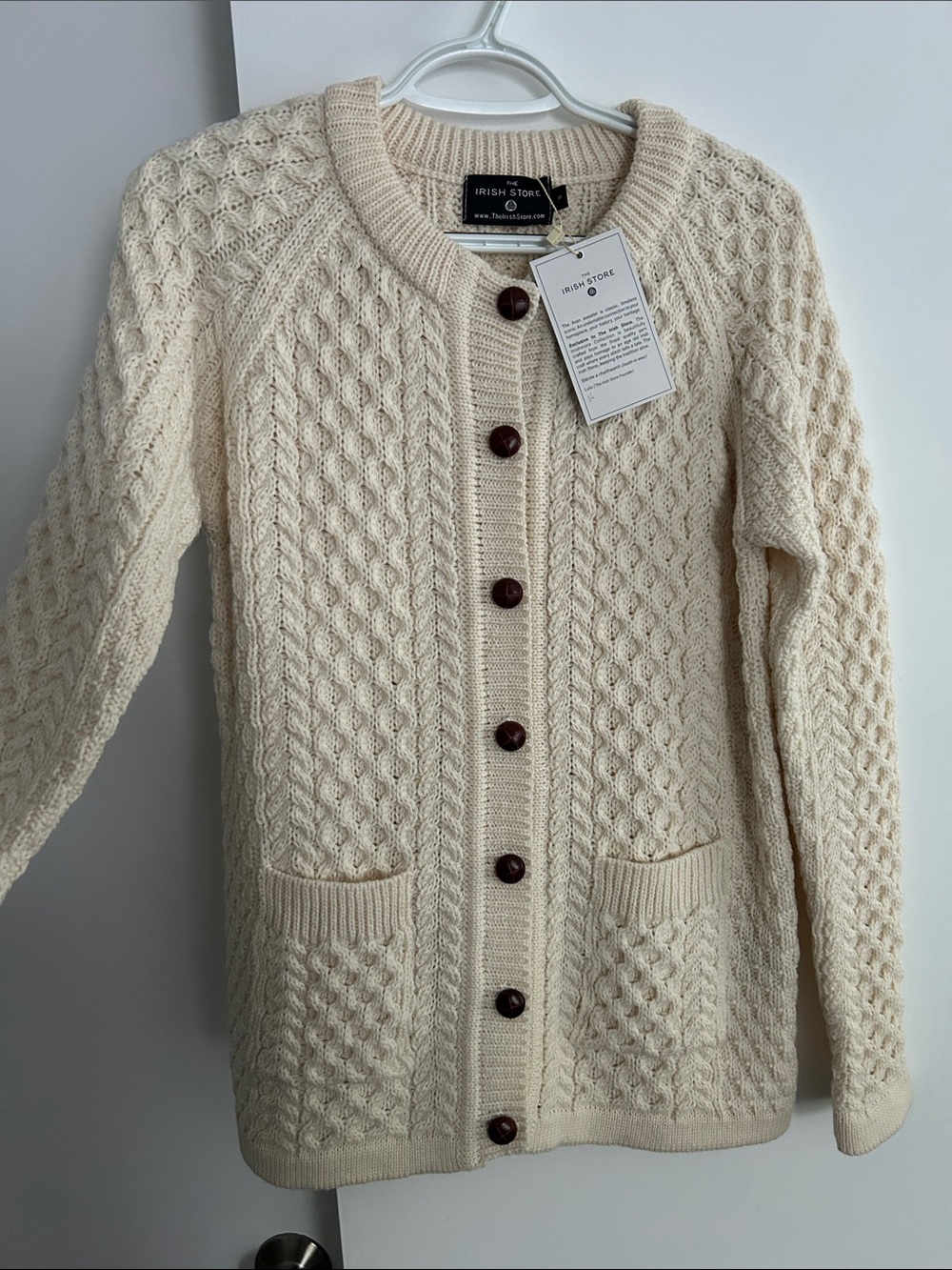 NWT 100% Wool Irish Cream Cable-Knit Button Cardigan Sweater